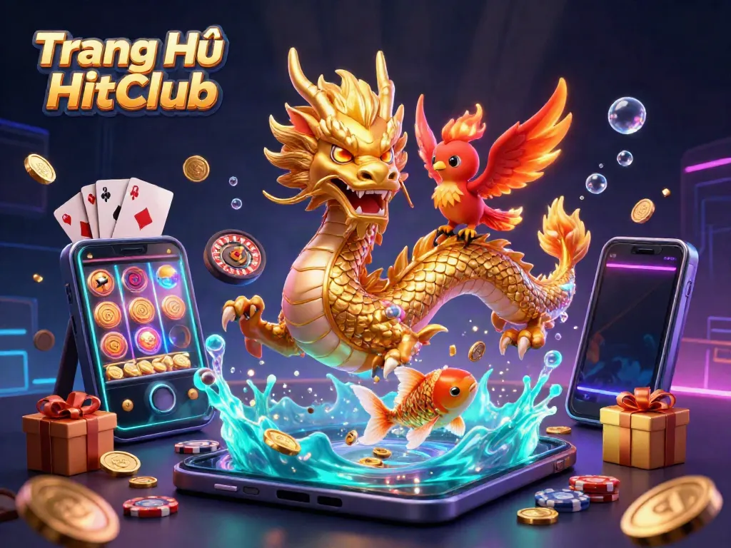Experience thrilling gameplay at Trang Chủ HitClub with a golden dragon and vibrant gaming scene.