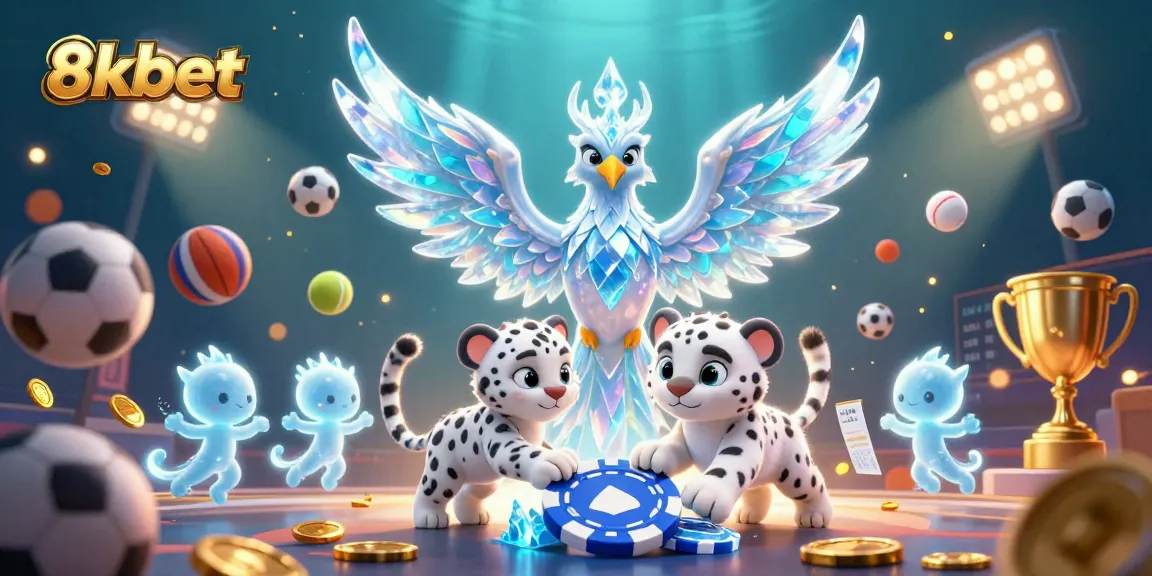 Engage with 8xbet's thrilling betting experience featuring a vivid ice phoenix and playful casino elements.