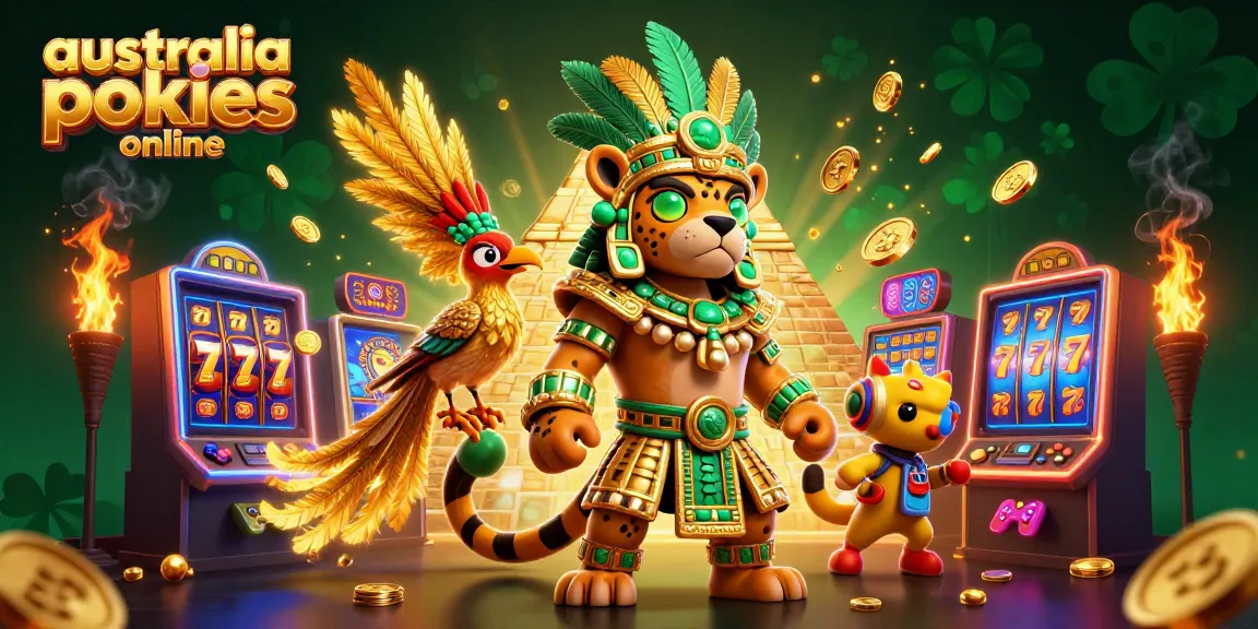 Engage with exciting australia pokies online amidst colorful slot machines and a vibrant Mayan scene.