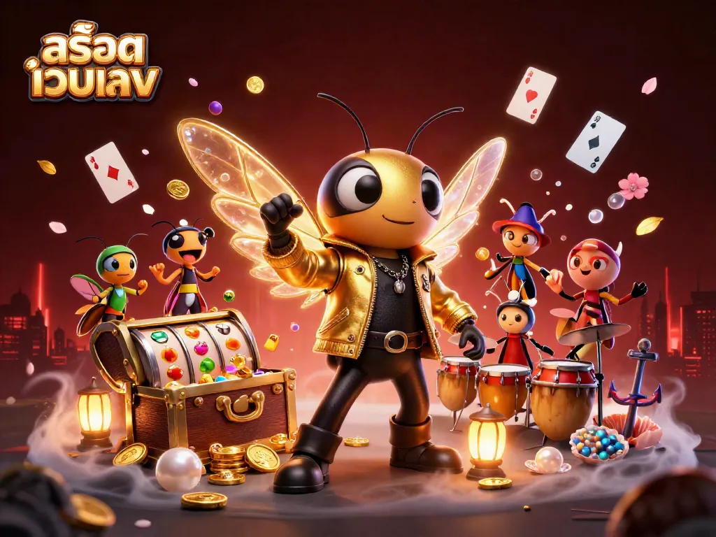 Experience the excitement of สล็อตเว็บตรง with our vibrant 3D cartoon characters featuring a cicada rock star, drummer, and floating slot elements.
