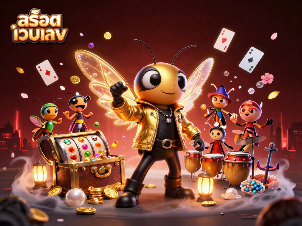 Experience the excitement of สล็อตเว็บตรง with our vibrant 3D cartoon characters featuring a cicada rock star, drummer, and floating slot elements.