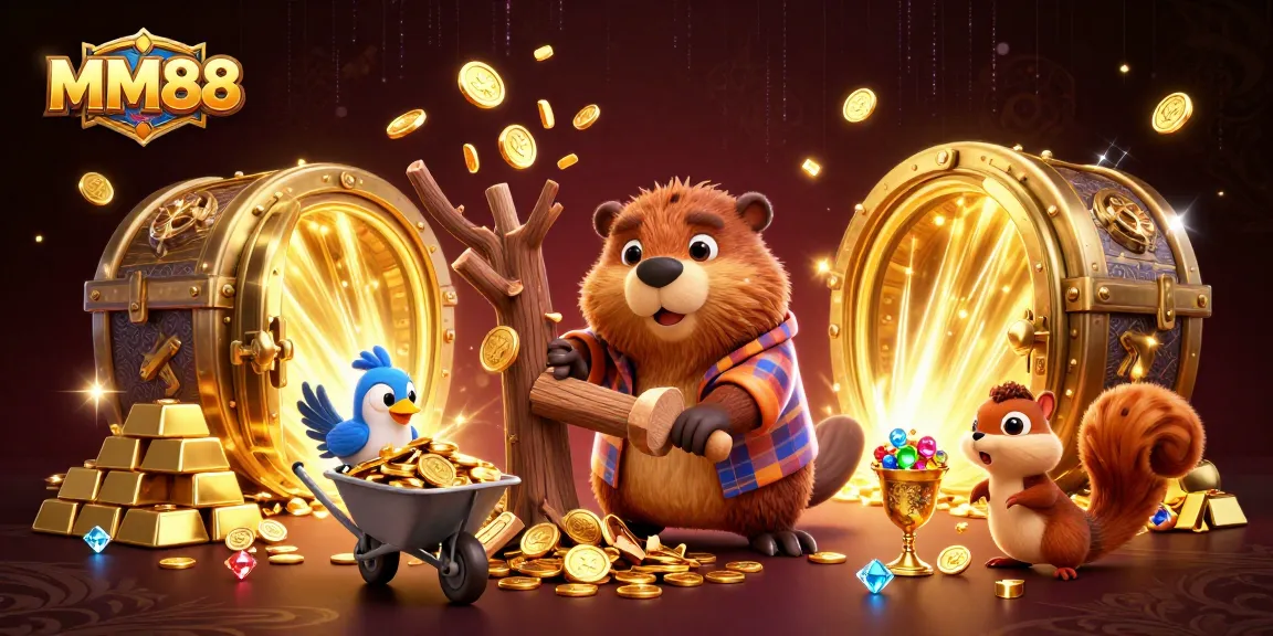 Experience the thrill of MM88 with cartoon characters collecting coins in a vibrant casino scene.