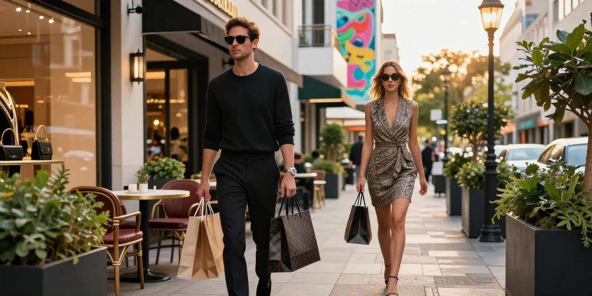 Gaya hidup mewah luxury111 di kawasan urban, individu bergaya dengan tas belanja desainer.