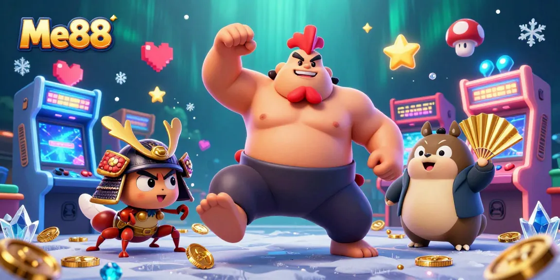 Engage with Me88's exciting 3D cartoon scene featuring a sumo rooster and friends.