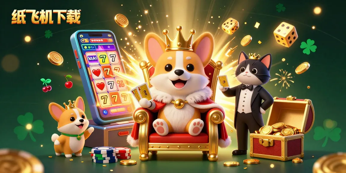 Experience the thrill of 纸飞机下载 with a vibrant casino scene featuring a royal corgi, playful casino elements, and golden treasures.