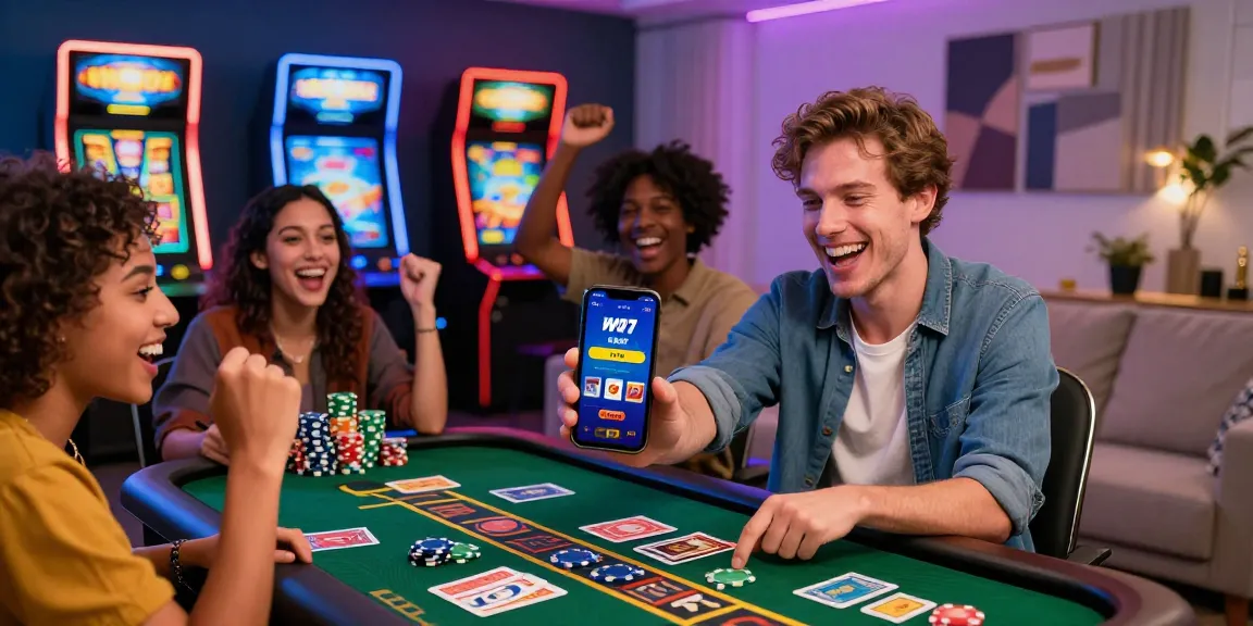 Exciting online gaming celebration with friends using the 78winnh.net app in a modern living room.