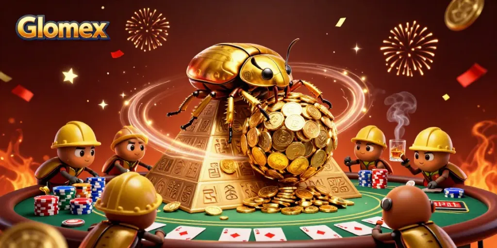 Engage with Glomex in this dynamic 3D casino scene featuring poker action and celebrations.