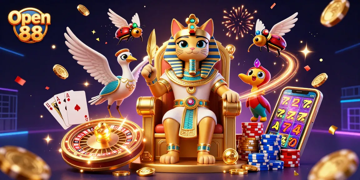 Play and win at Open 88 with vibrant casino characters, sparkling gems, and thrilling action elements.