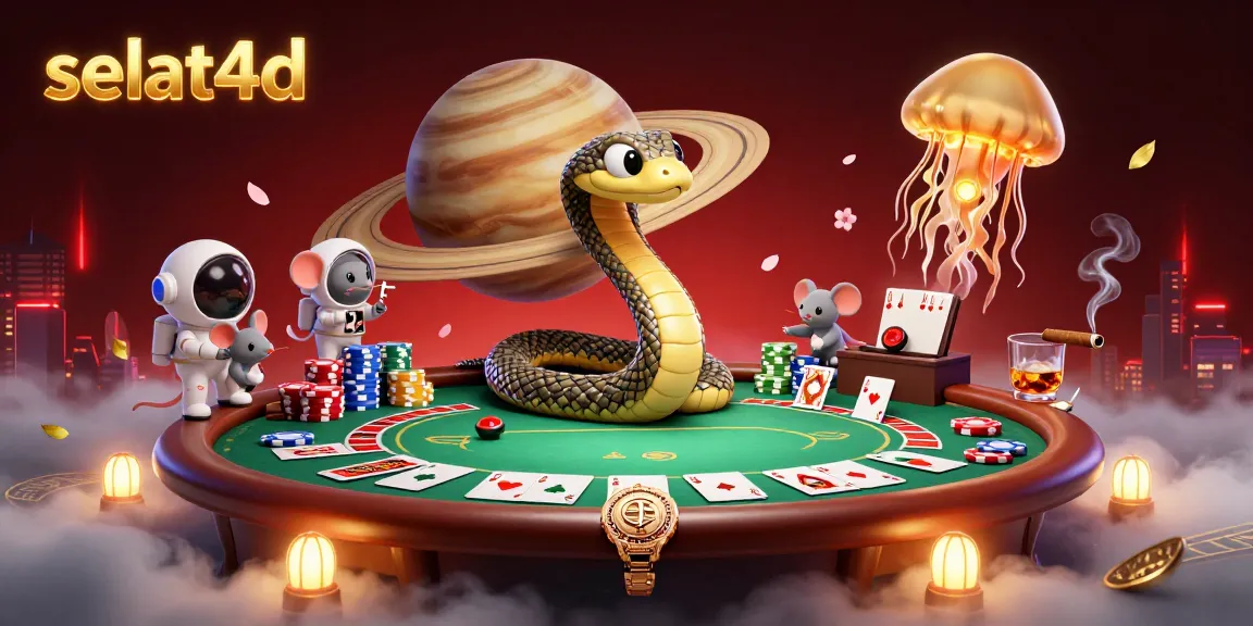 Place bets in the vibrant selat4d cosmic casino scene featuring poker, roulette, and whimsical characters.