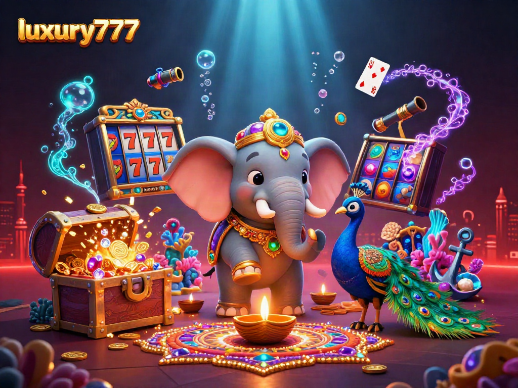 Menangkan jackpot slot dengan luxury777, elefant berwarna-warni dan burung merak di dunia judi.