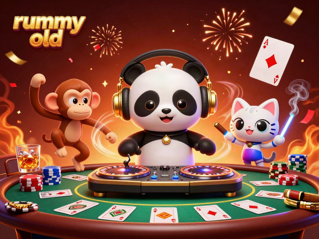 Rummy Old menghadirkan suasana seru dengan panda DJ, monyet, dan kucing di pesta kasino.