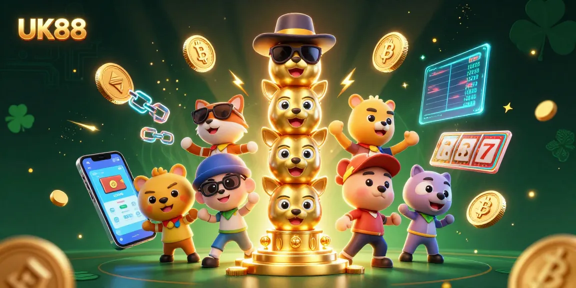 Engage with UK88 casino features highlighted in vibrant 3D illustration packed with crypto elements.