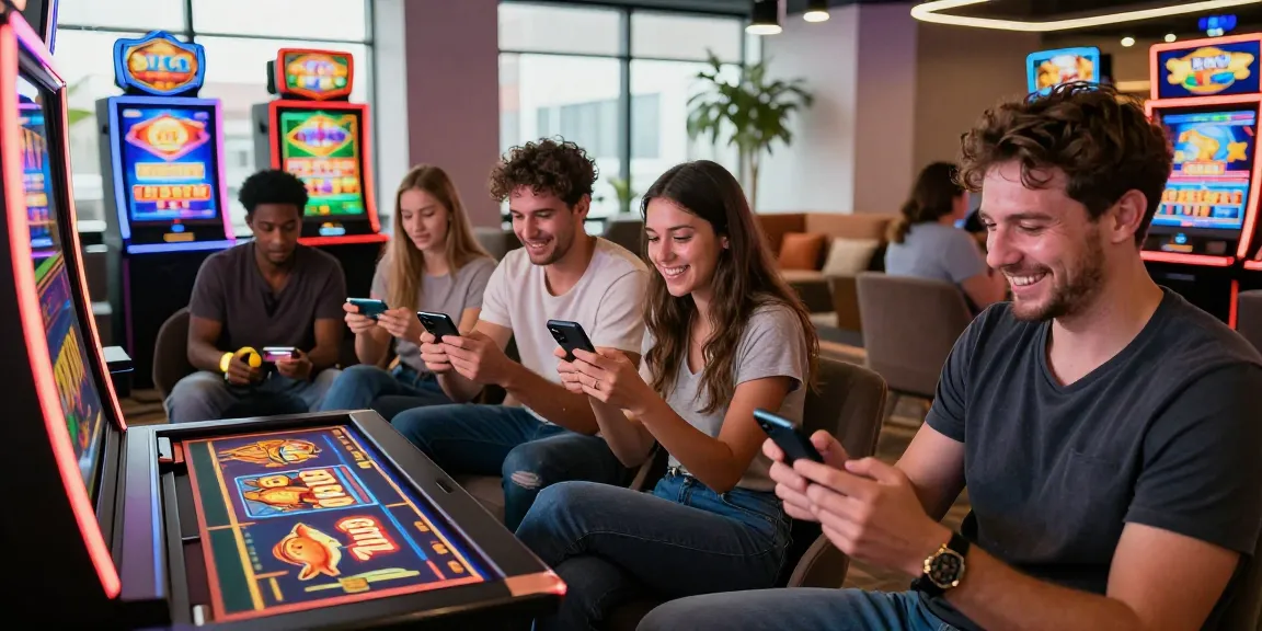 Excited players enjoying casino games like slots and fish shooting on https://slotspk.com.pk/ in a vibrant lounge.