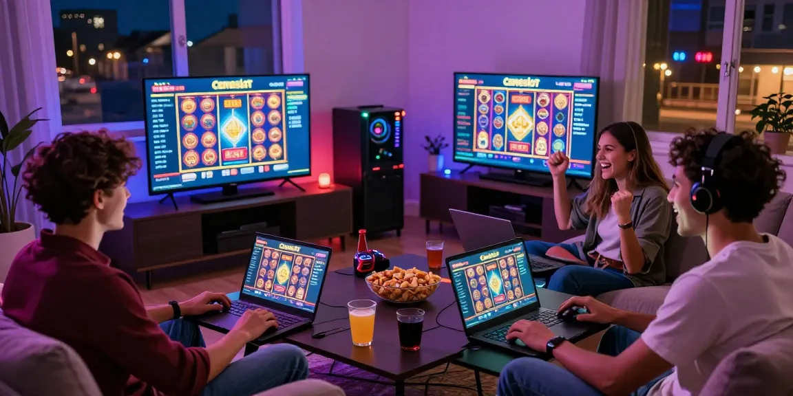 Engaging friends enjoying gaming night with Login Cemeslot Resmi interface visible on devices in a vibrant atmosphere.