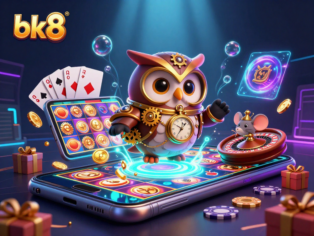 Spin and win at bk8 with a time-traveling owl among Victorian casino elements and futuristic holographs.