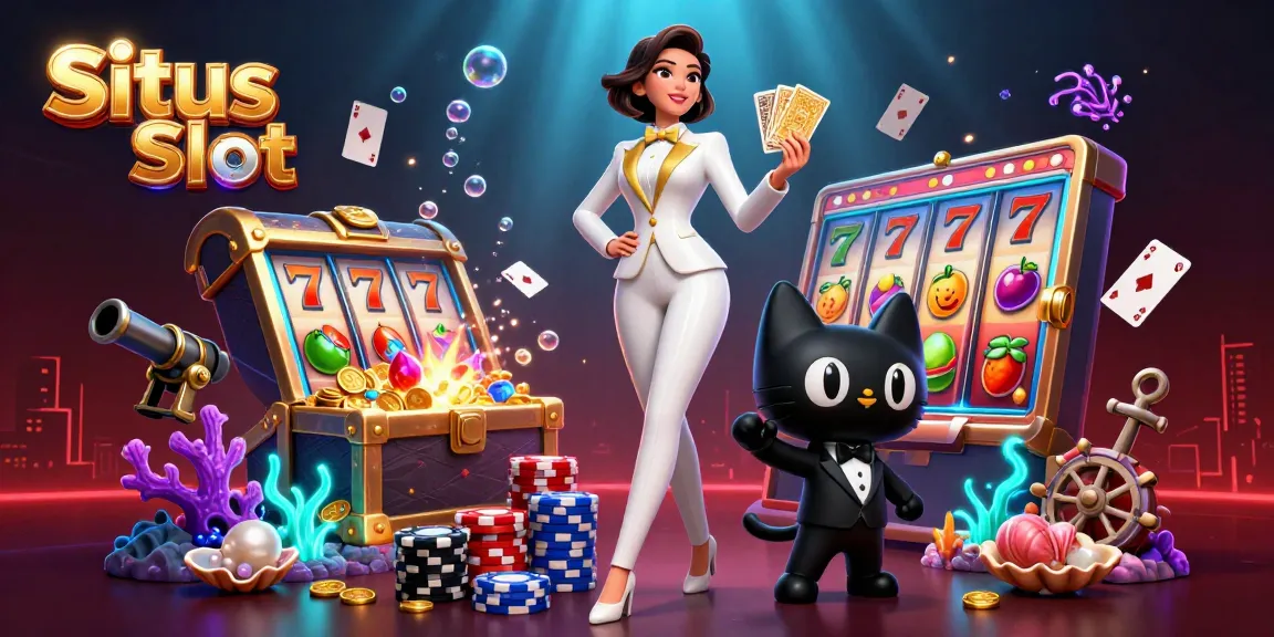 Win big with Situs Slot as a glamorous dealer and playful cat create a vibrant casino scene.