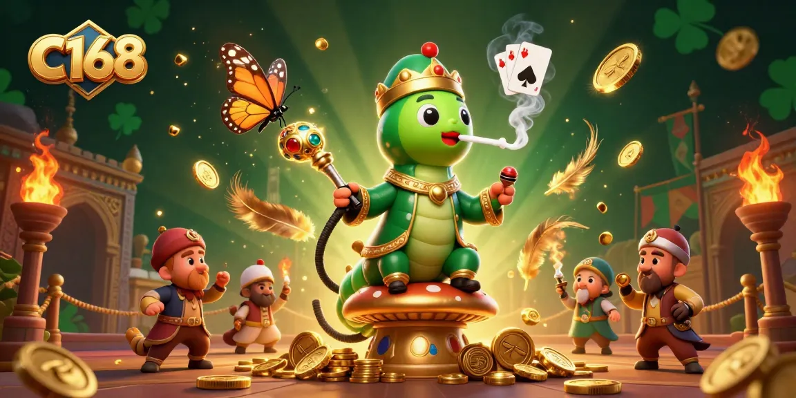 C168 players engaging with a vibrant casino scene featuring game elements and golden tokens.