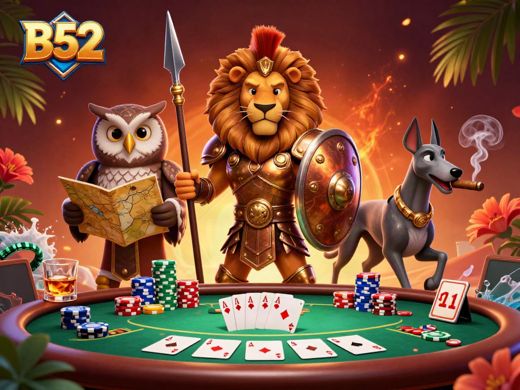 B52 action-packed poker scene with a Spartan lion, owl strategist, and greyhound messenger surrounded by colorful chips.