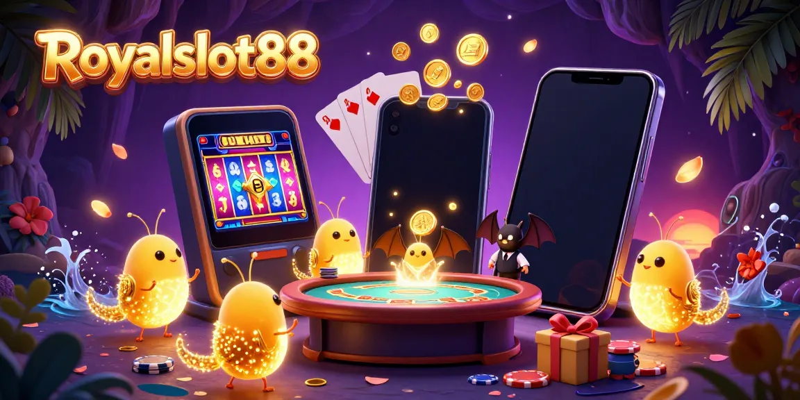 Perayaan Royalslot88 di kasino goa dengan glowworms, dealer kelelawar, dan permainan slot menarik.
