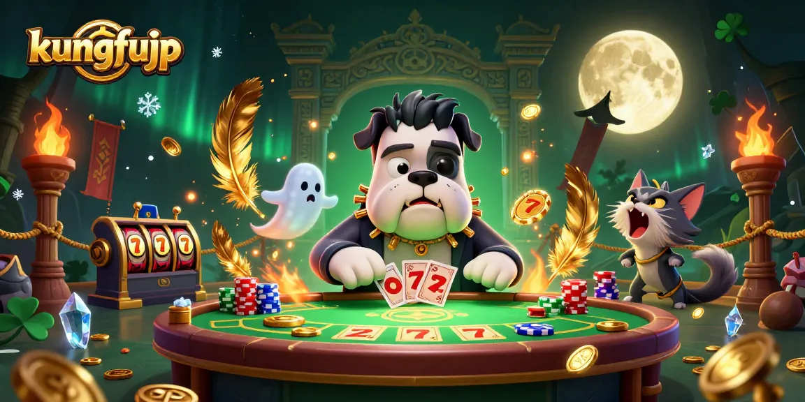 Kera ulang tahun yang menghantui di meja kasino kungfujp, berbagi kartu dan koin emas.