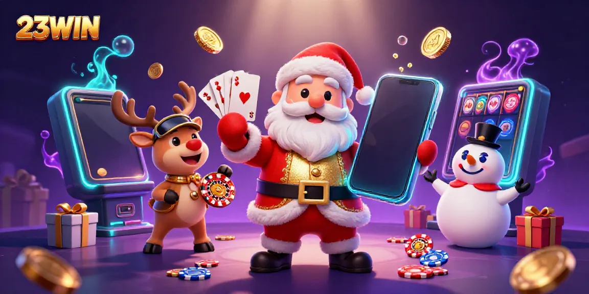 Experience the excitement of 23WIN with Santa, his reindeer, and a snowman in a vibrant casino scene.