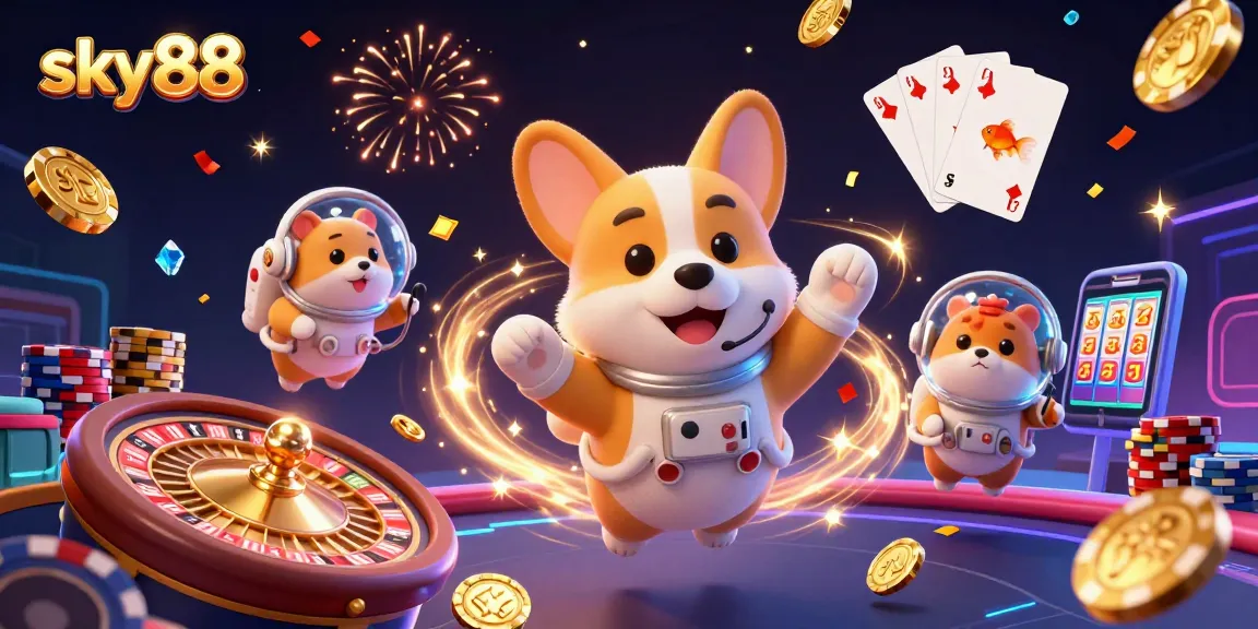 Join the fun at sky88 with playful characters enjoying casino games in a vibrant space.