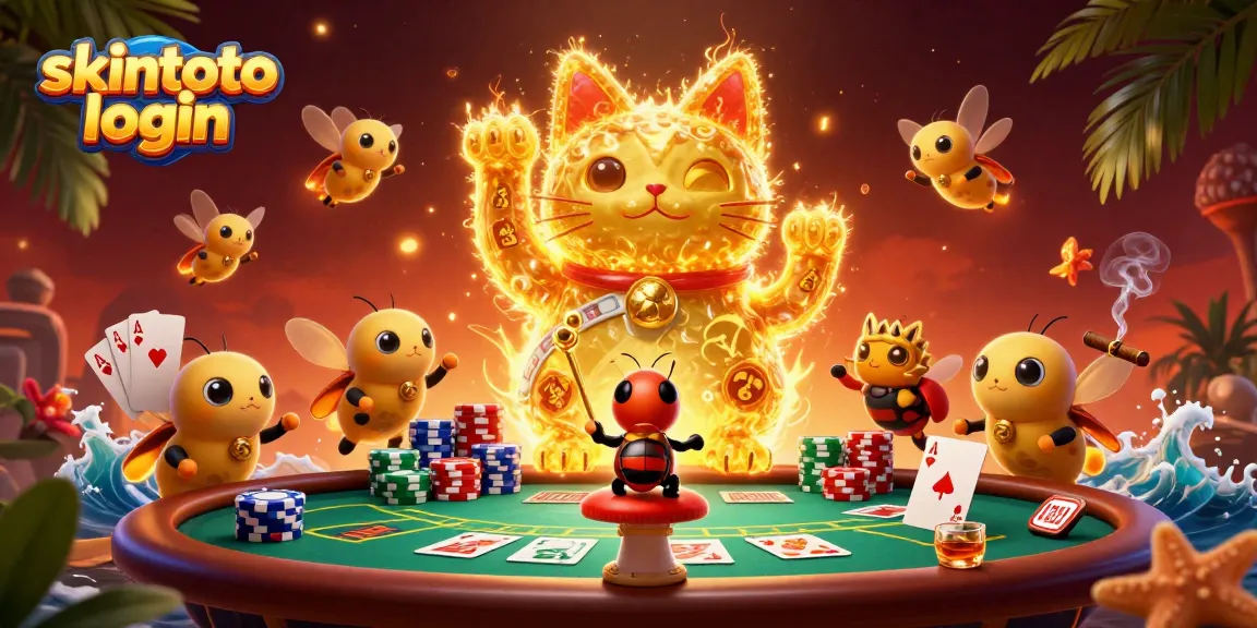 Masuki dunia kasino dengan skintoto login yang menampilkan kucing keberuntungan dan simbol-simbol menarik.