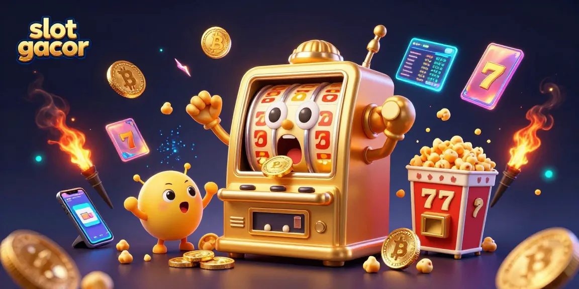 Slot gacor menampilkan mesin slot emas dengan koin berjatuhan dan suasana perjudian yang meriah.