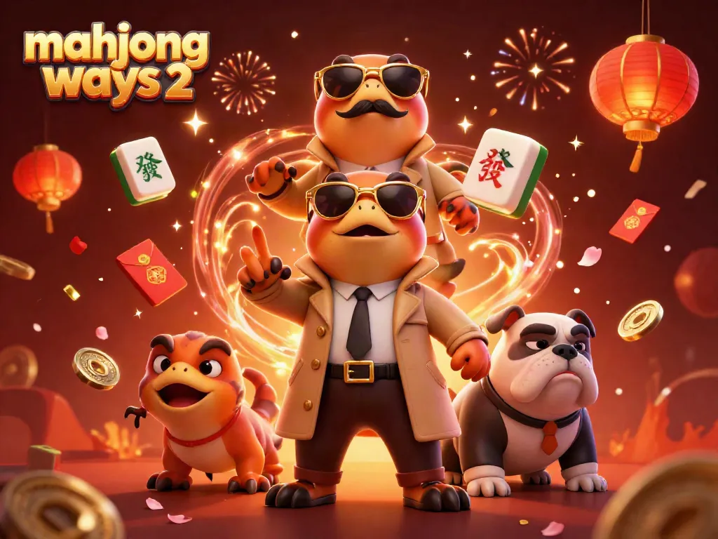 Experience the excitement of mahjong ways 2 in vibrant casino-themed illustration featuring animated characters and decorations.