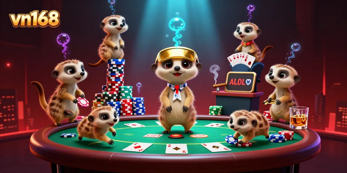 Engage in thrilling gaming action at vn168's vibrant cartoon casino scene with meerkats!