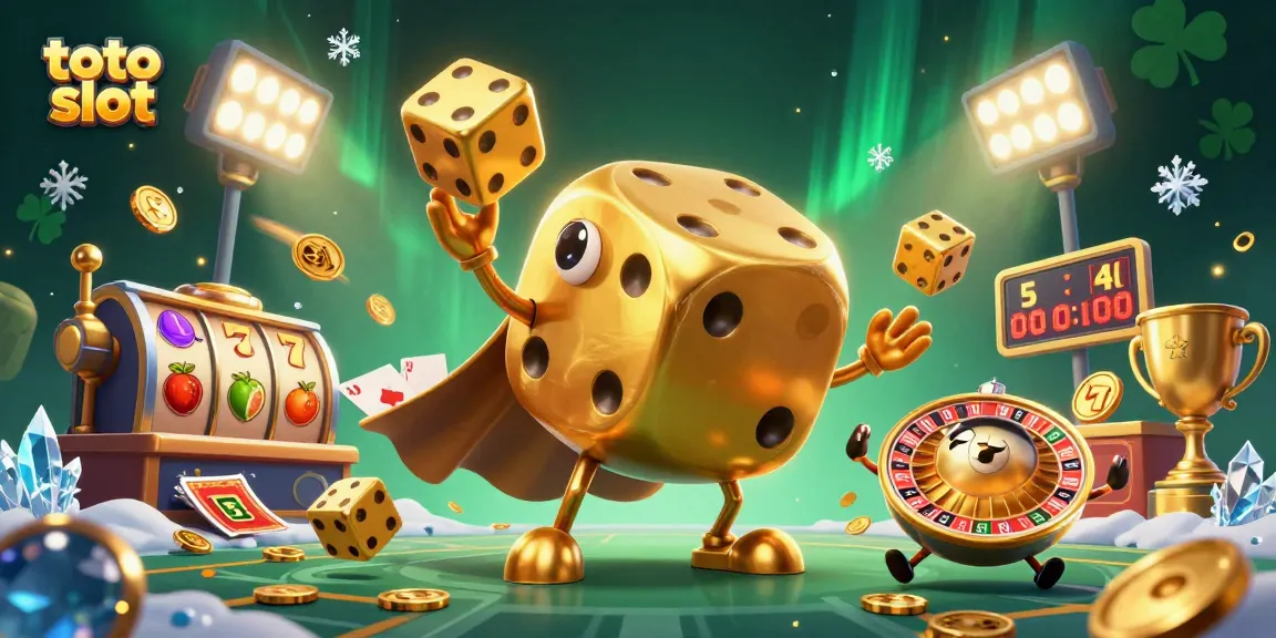 Toto slot game action illustrated with vibrant characters, golden dice, and dynamic gaming elements.