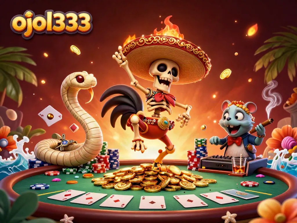 Engage with ojol333 through a vibrant 3D casino scene featuring a dynamic victory dance.