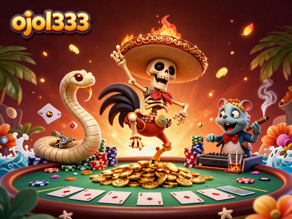 Engage with ojol333 through a vibrant 3D casino scene featuring a dynamic victory dance.