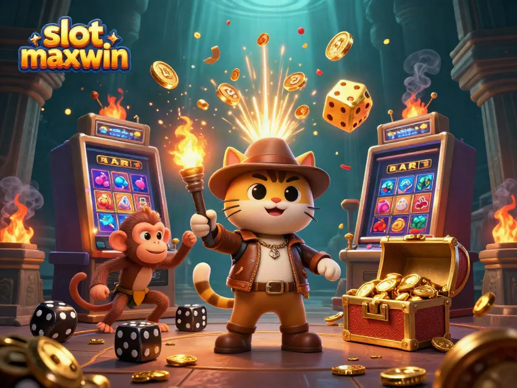 Memenangkan jackpot slot maxwin dengan cat arkeolog dan monyet penuntun di latar kuil yang berkilau.