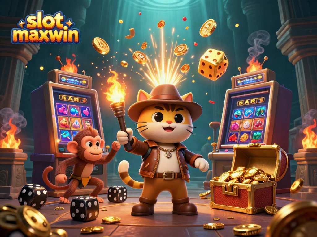 Memenangkan jackpot slot maxwin dengan cat arkeolog dan monyet penuntun di latar kuil yang berkilau.