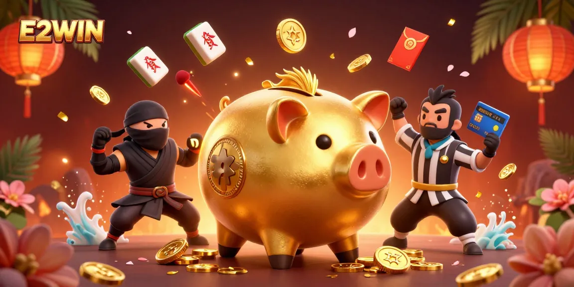 E2WIN enhances your gaming with a vibrant collection of games, featuring energetic characters and ornate decorations.