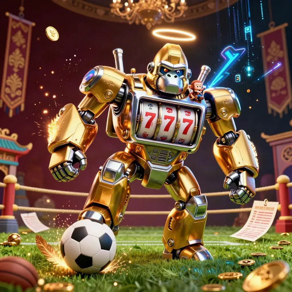 Golden gorilla mech with monkey pilot, soccer ball, coins, and neon casino glow