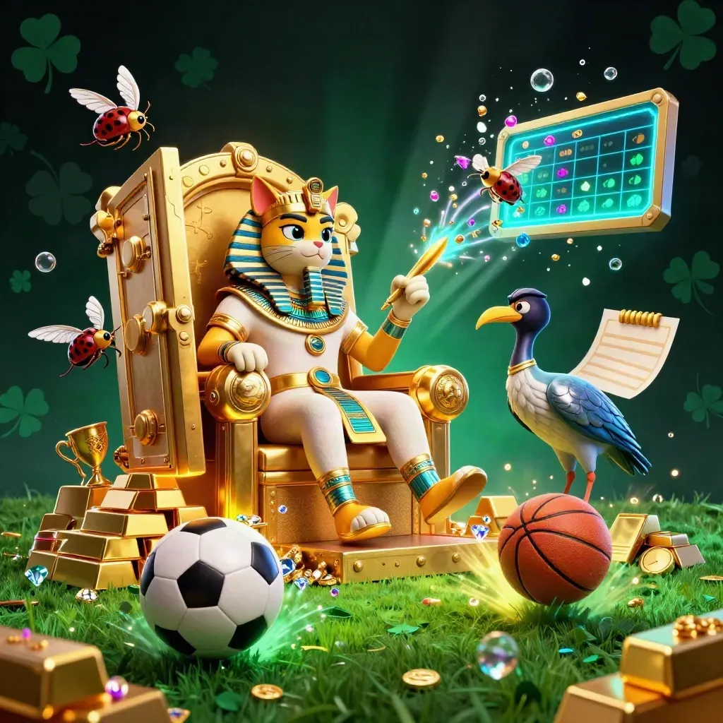 Pharaoh cat on golden throne amid sports balls, treasure, and neon casino glow