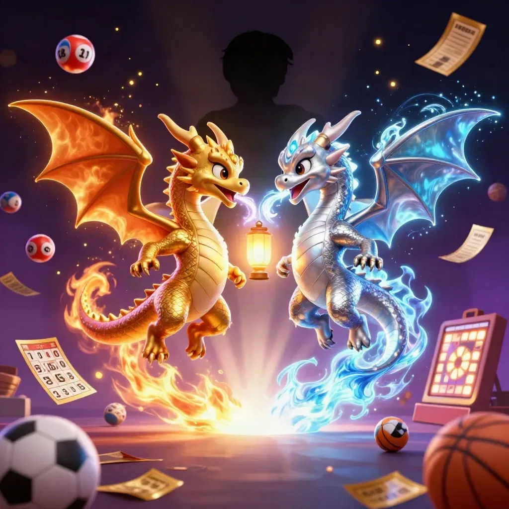 Gold and silver dragons swirl in yin-yang fire and ice, surrounded by casino prizes and glowing effects.