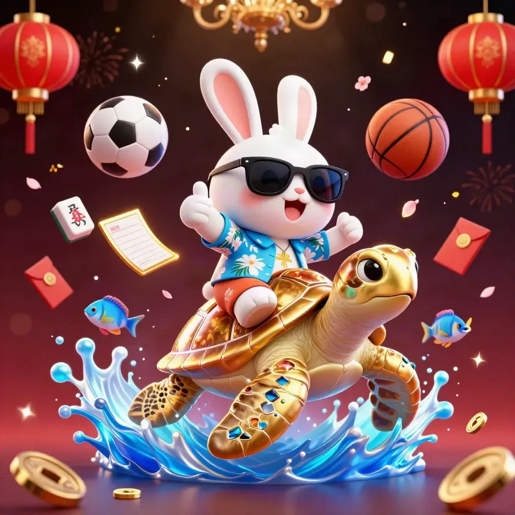 Lucky rabbit rides gem turtle through casino spray, with balls, coins, lanterns and blue-gold glow.