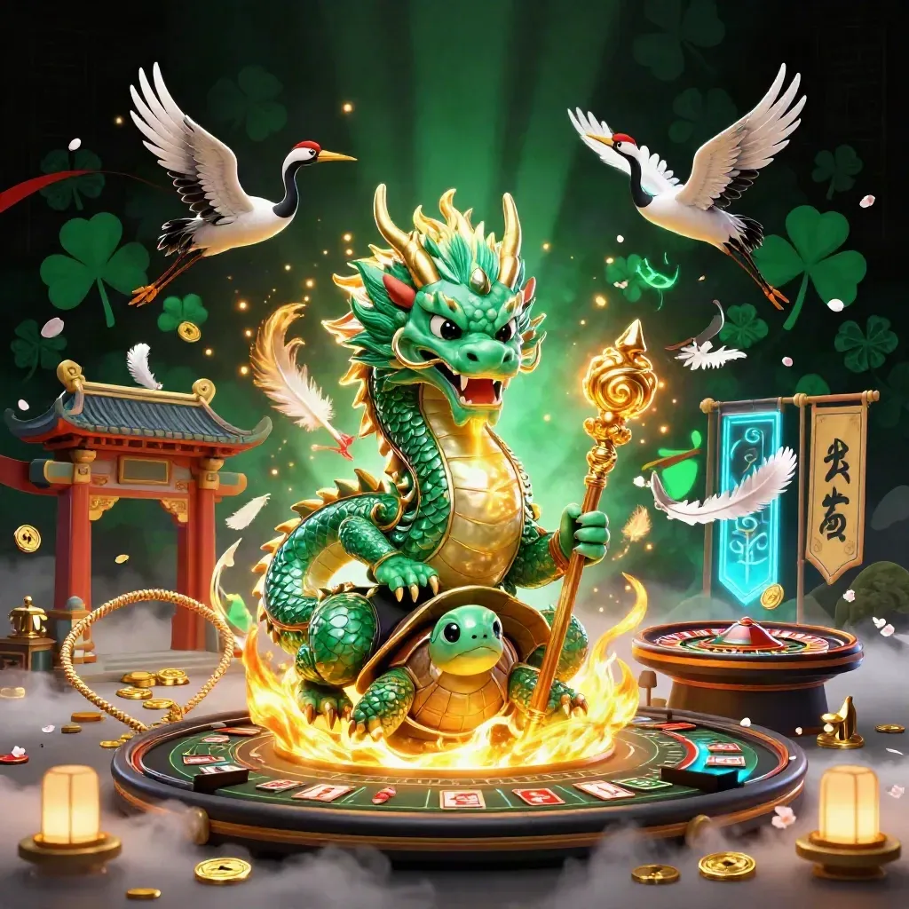 Dragon, turtle sage, and cranes in a chrome-lit casino fantasy with golden fire and temple relics.