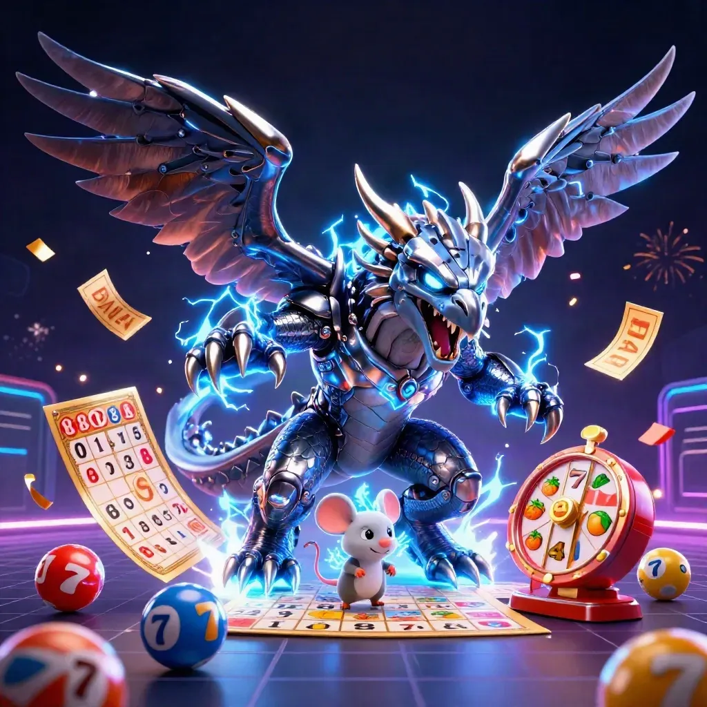 Thunder dragon, wind hawk and static mouse burst through casino loot on a neon grid.