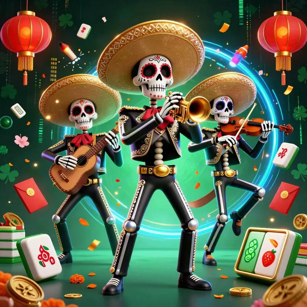 Three Day-of-the-Dead mariachi skeletons amid glowing casino treasures and neon-blue energy.
