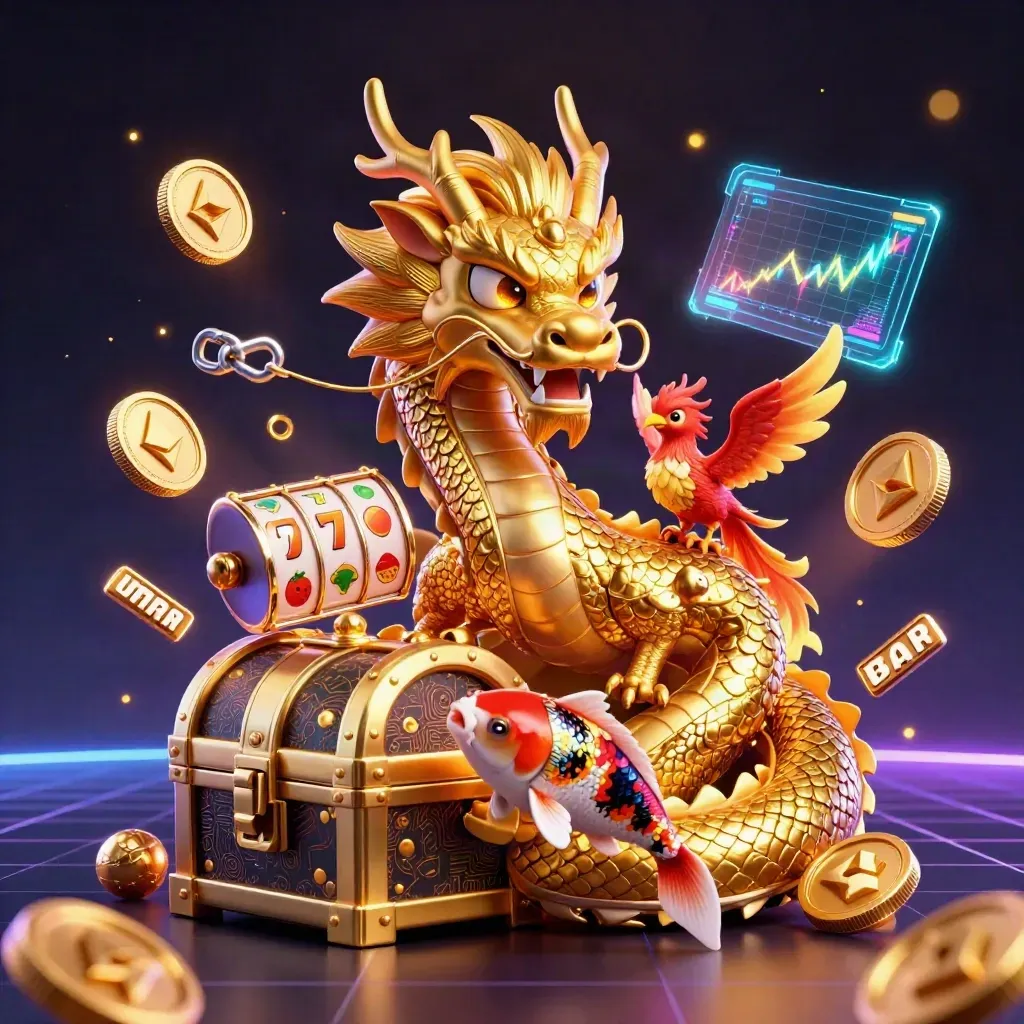 Golden dragon, phoenix, and koi burst from a chest amid neon casino energy.