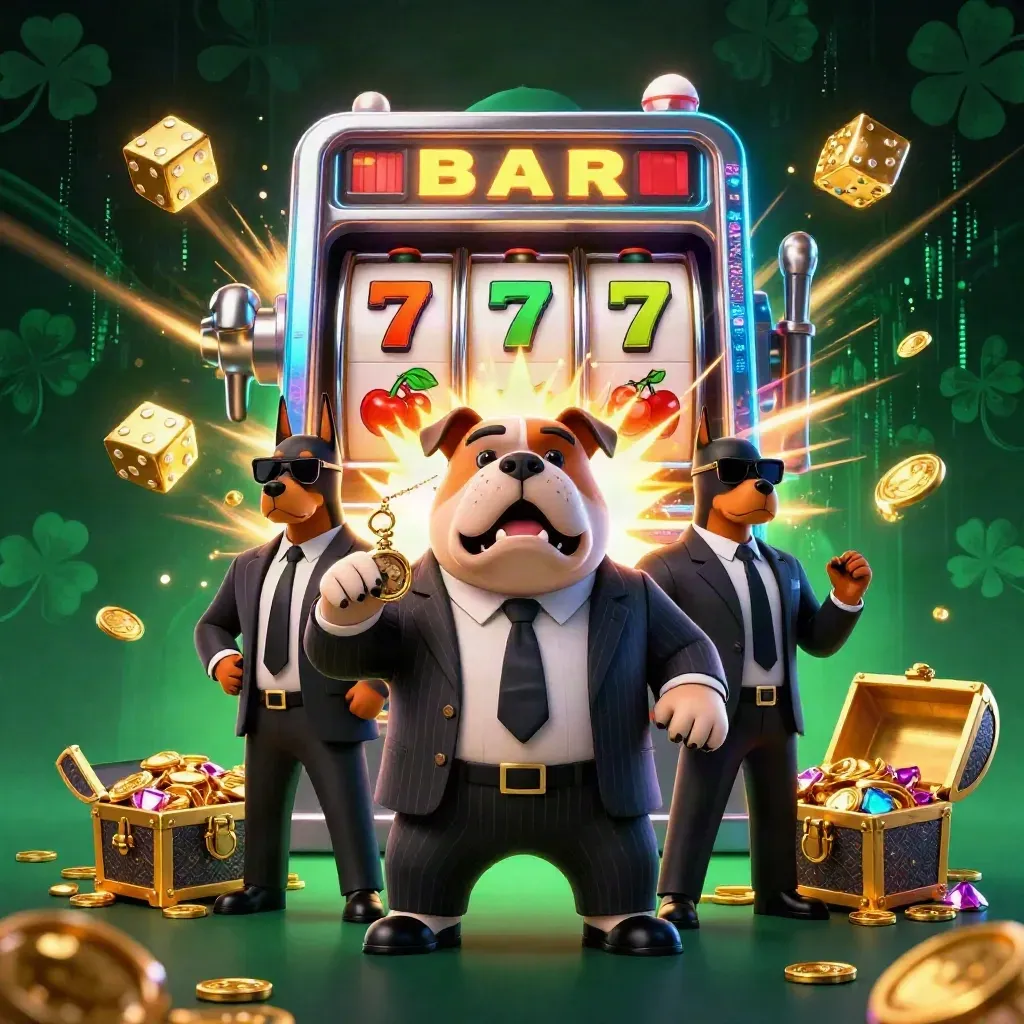 Bulldog mob boss with Doberman guards amid exploding slot machine, gold, dice, and neon glow