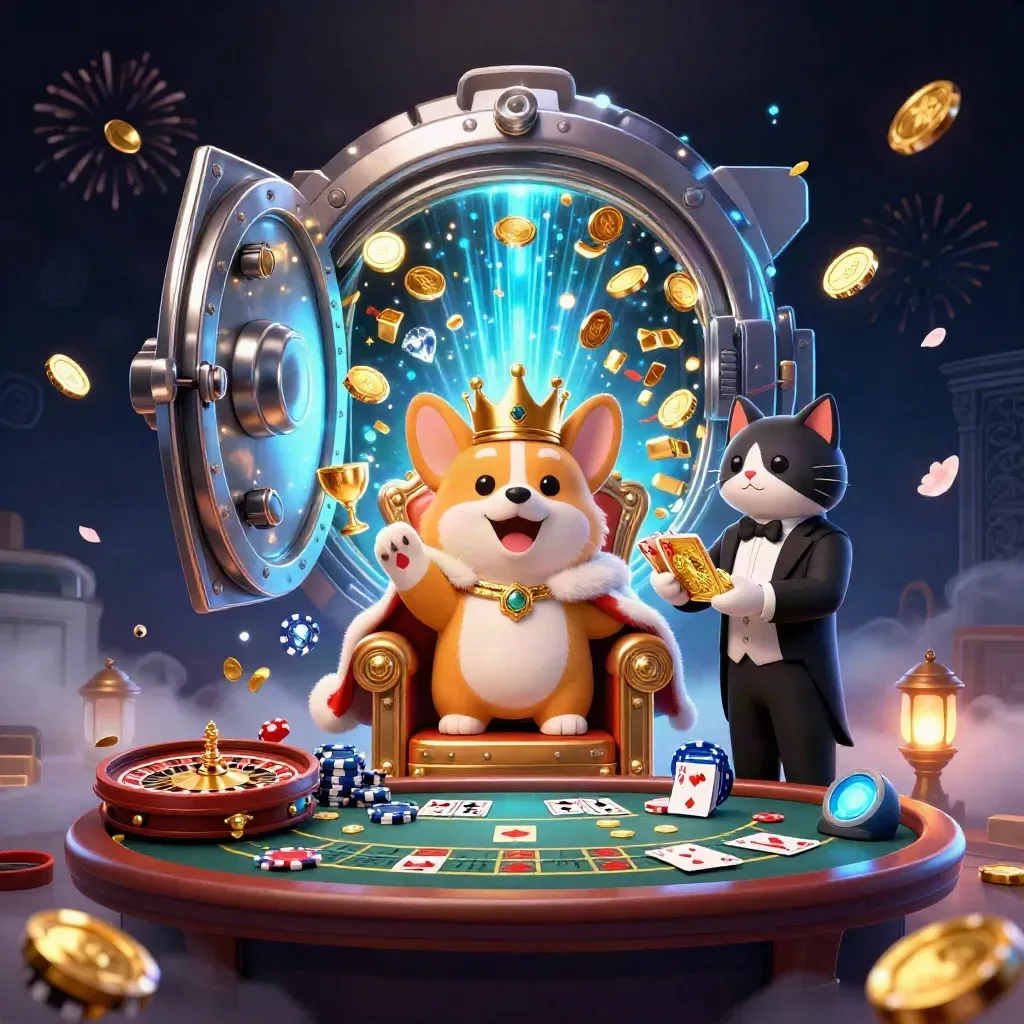 Crowned corgi and cat butler amid vault burst, coins, gems, and neon casino glow.