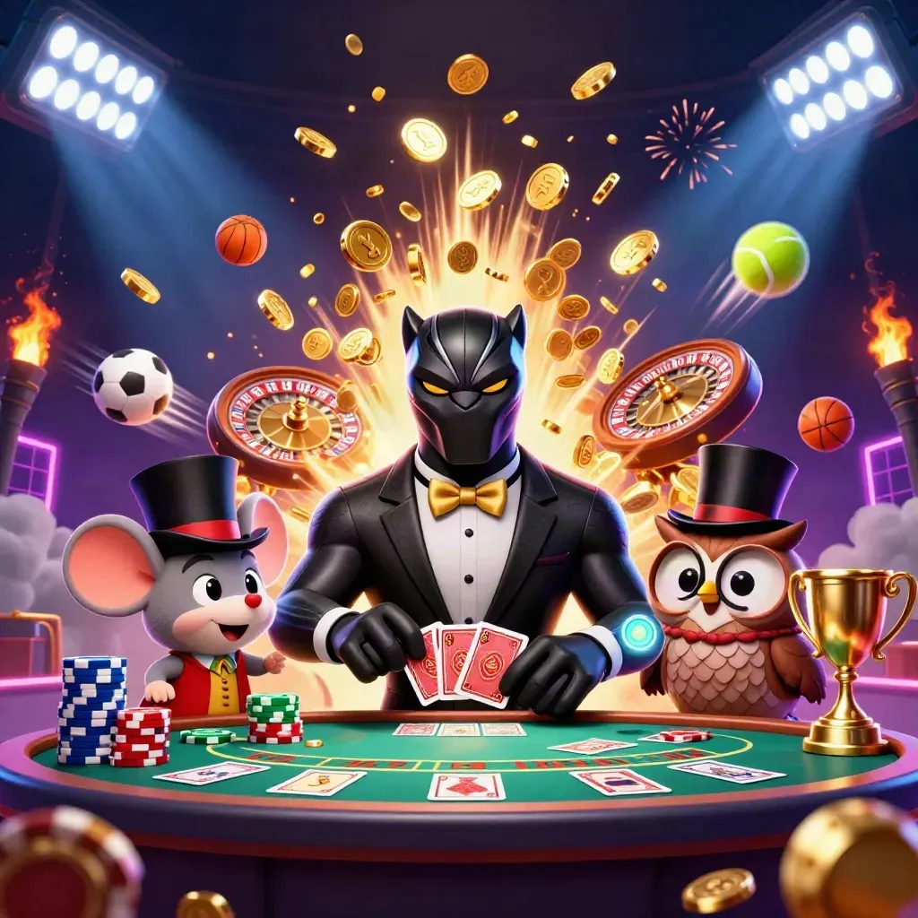 Panther, owl, and mouse amid coins, cards, trophy, sports balls, neon casino fireworks