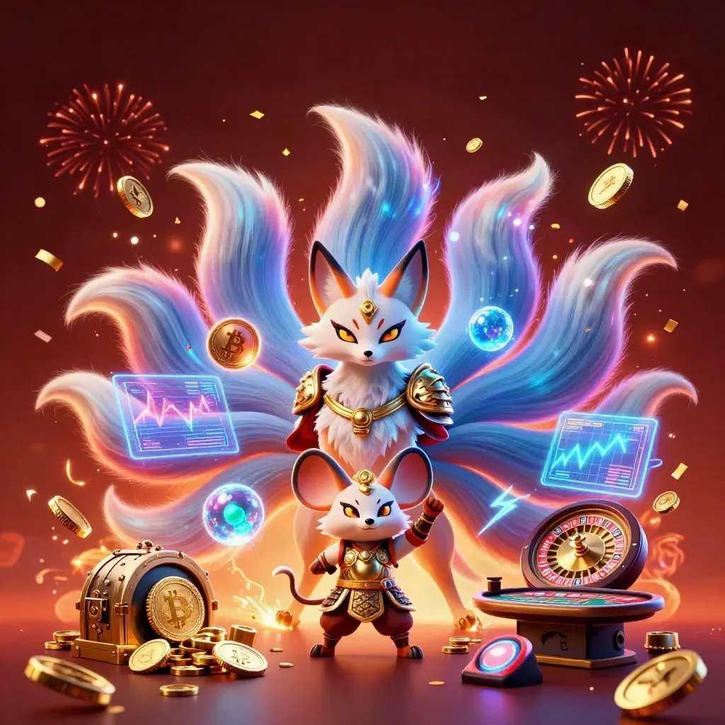 Neon nine-tailed fox spirit and samurai mouse amid coins, fireworks, and casino energy.