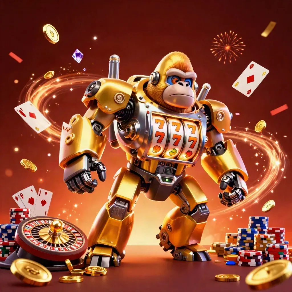 Golden gorilla mech with tiny pilot amid coins, chips, cards, roulette and neon glow