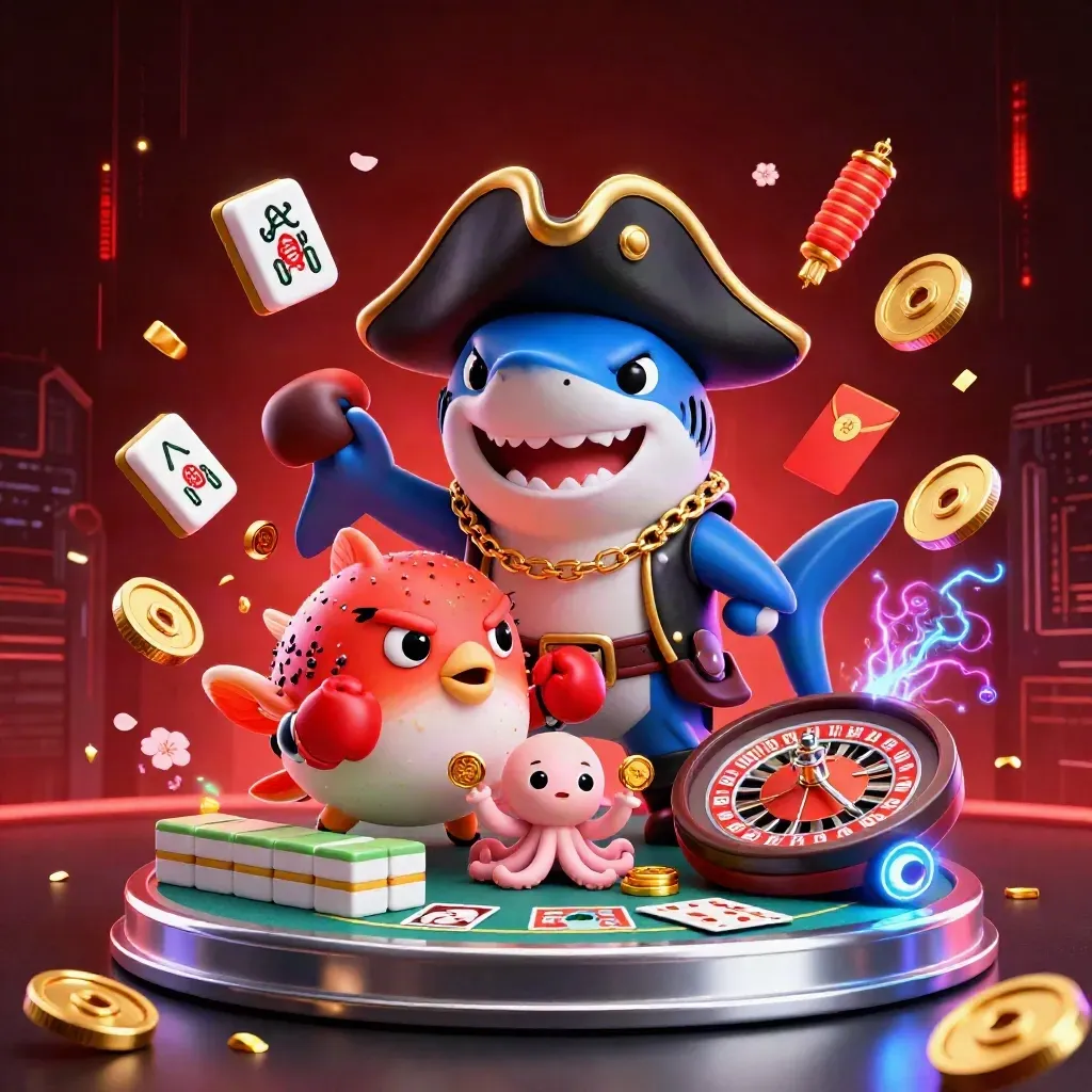 Pirate shark, boxing pufferfish, and coin-juggling octopus amid neon casino effects